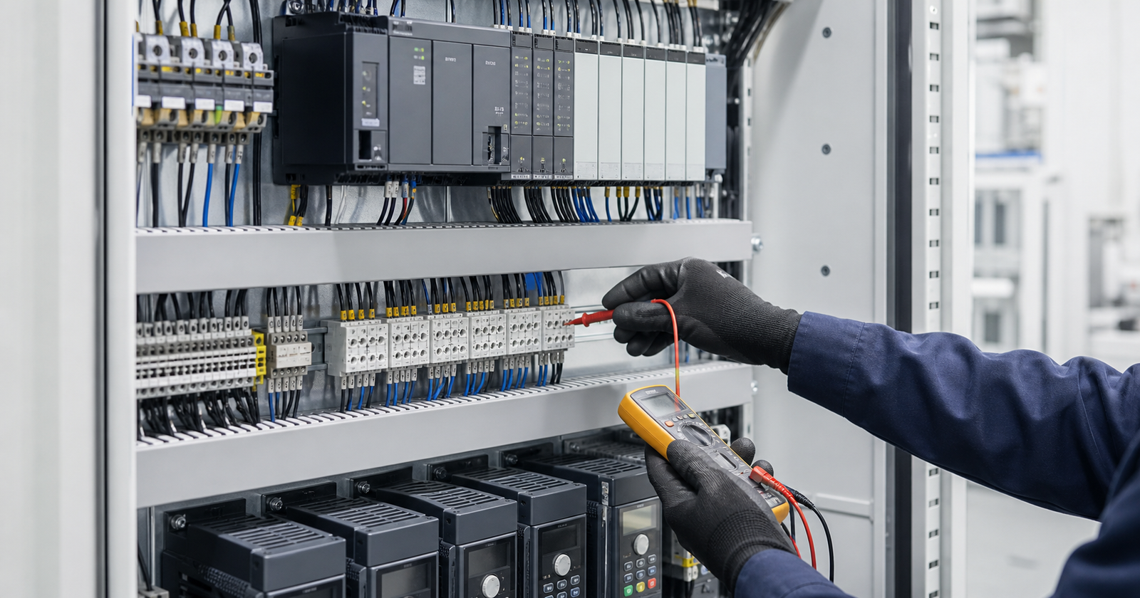 Electrical control panel assembly with PLC modules and organized wiring