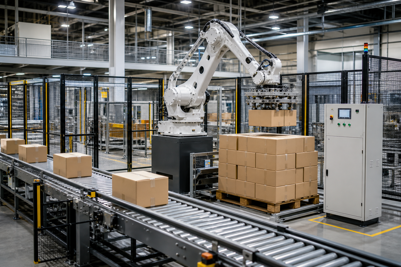 Robotic palletizing automation cell with conveyor and safety fencing